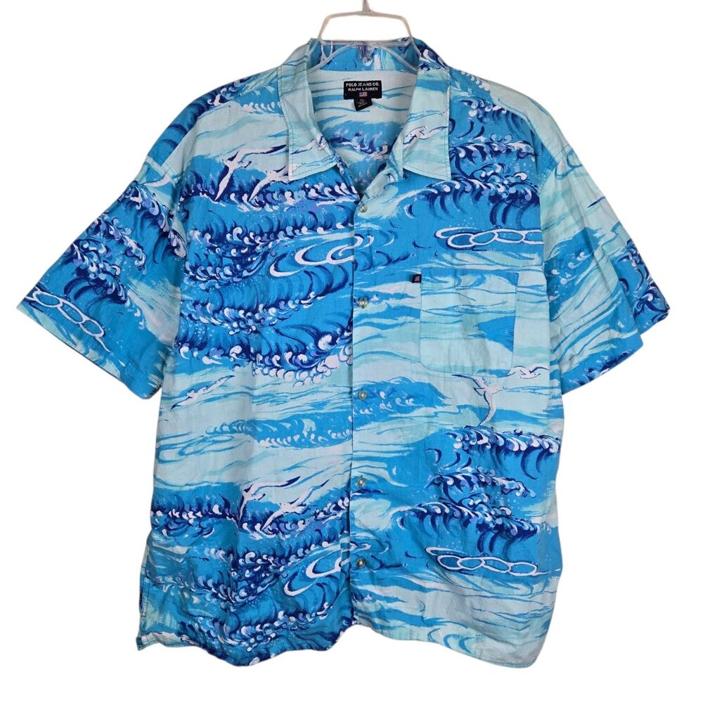 Polo Jeans Ralph Lauren Swirling Ocean Waves Shirt XL Hawaiian Blue Seagull Sea